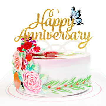 Happy Anniversary Cake With Flowers and Butterfly Pop-Up Card